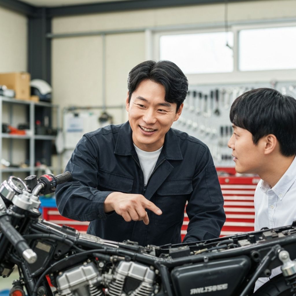 고객에게 정비 내용을 설명하는 성신바이크 정비사
