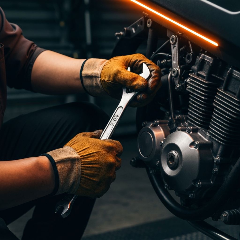 전문 정비사가 오토바이 엔진을 수리하는 모습