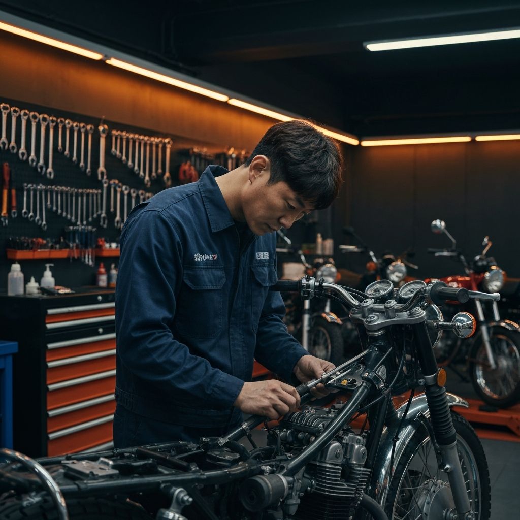 성신바이크 전문 정비사가 오토바이를 수리하는 모습